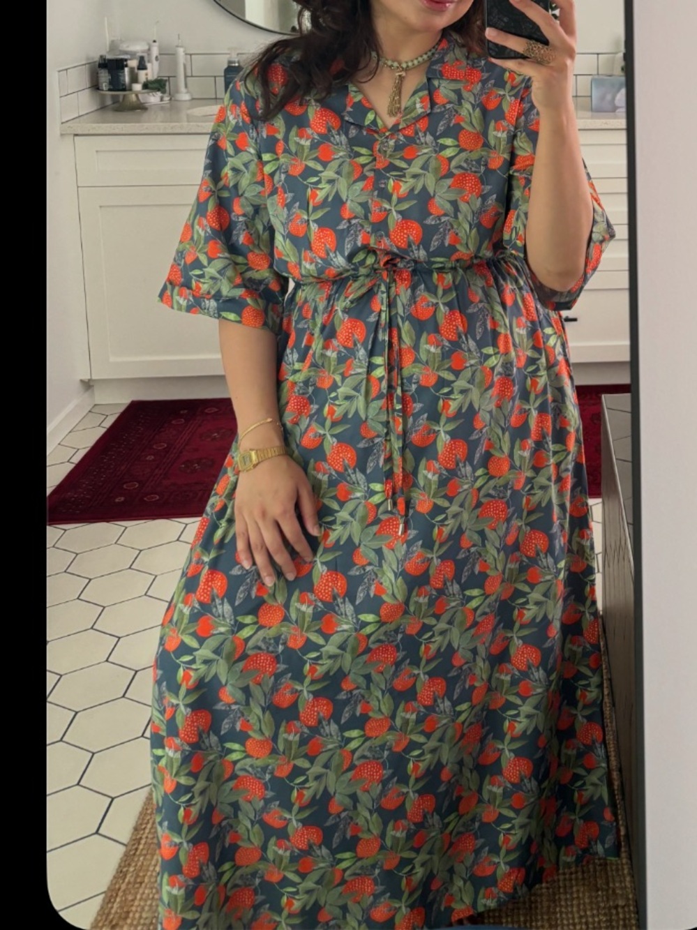 Floral Button-Front Tie-Waist Maxi Dress in Green and Orange - Picture 1 of 1
